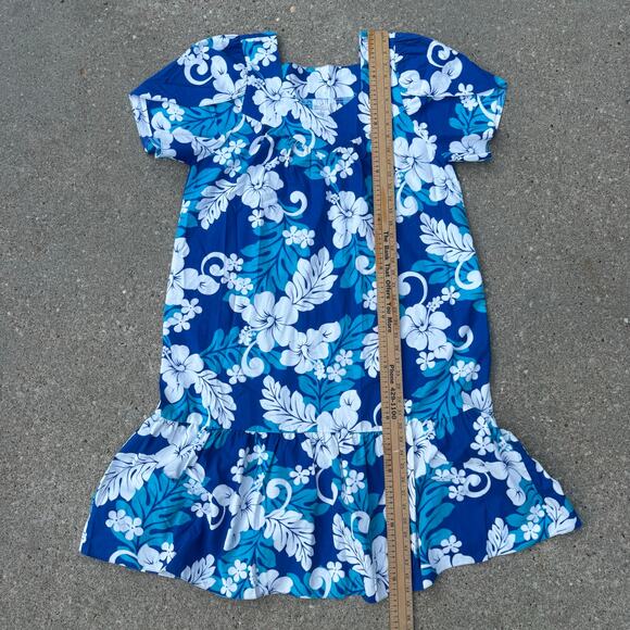 VTG Winnie Fashion Hawaiian Blue Tropical Floral Ruffle Hem Tulip Sleeve Dress L - Picture 11 of 11